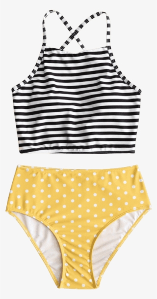 Stripe Polka Dot High Neck Bikini Set - Bikini #4951582