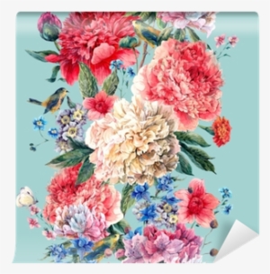 Vintage Floral Seamless Watercolor Peonies Border Wall - Women's Floral T Shirt #54616