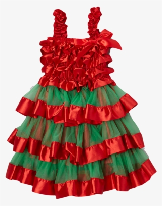 Red & Green Satin & Chiffon Tiered Dress - Dress #5013580