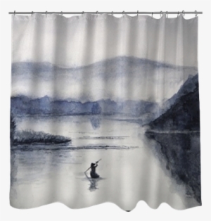 Watercolor Fishing Boat And Island With Mountains - Curtain #513796