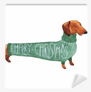 Dachshund Christmas Dog In A Green Sweater Watercolor - Dibujo De Dachshund #536953