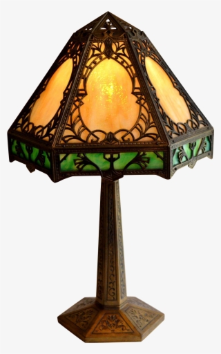 Slag Glass Panel Lamp With Granite Texture Glass Signed - Lampshade #5508232