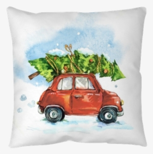 Watercolor Greeting Card With Red Retro Car Throw Pillow - Christmas Pillow Cover Collection #567987