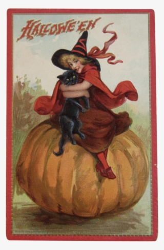 Tuck's Halloween Postcard Witch Black Cat On Pumpkin - Victorian Era Halloween Cards #5628418