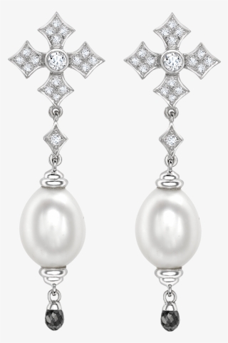 Pearl & Diamond Gothic Cross Drop Earrings - Earrings #5697313