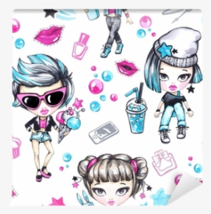 Watercolor Seamless Pattern With Fashion Teenagers - Watercolor Painting #576139