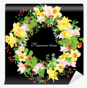 Vector Summer Floral Wreath With Daffodils On Black - Wreath #578051