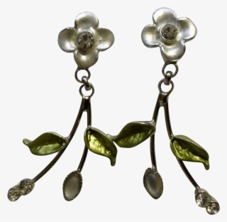Silver Tone Flowers With Leaves And Crystal Rhinestones - Earrings #5872794