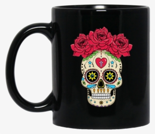 Sugar Skull With Roses Black Mug - Mug #5932984