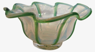 English Opalescent Art Glass Bowl W Green Edges C - Art #5973352