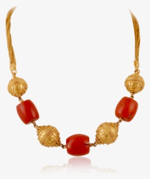Beaded Coral Gold Ethnic Necklace - Necklace #64701