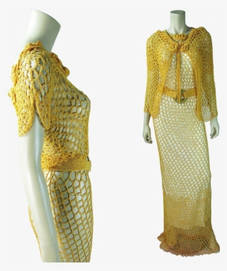 1930's Orange Fishnet Evening Dress With Cape, Belt #6128768