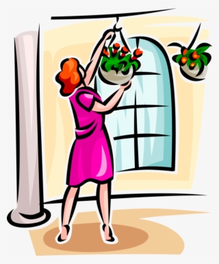 Vector Illustration Of Woman With Hanging Basket Flowering - Porch #6184558