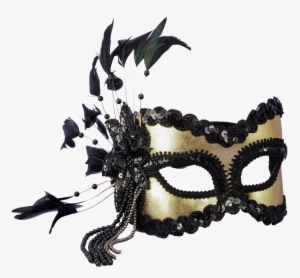 Carnival Mask Png Pic - Black And Gold Sequin And Feather Mardi Gras Mask #626261
