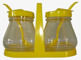 Hazel-atlas Glass Condiment Jars Yellow Plastic Spoons - Serveware #6264646