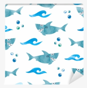 Seamless Pattern With Cartoon Watercolor Sharks - Cartoon Shark Background #634588