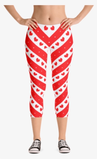 Red And White Stripes With Romantic Hearts Capri Leggings - Happy Double Hooded Pied Frenchie Capri Leggings #6325400