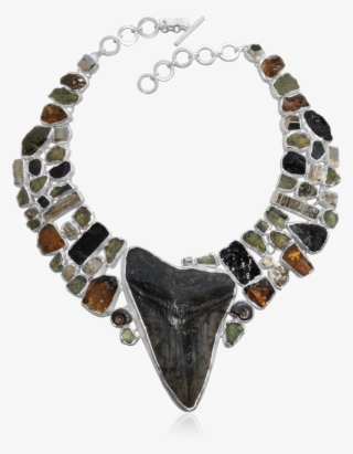 Megalodon Tooth, Moldavite, Pyrite, Ammonite And Cognac - Necklace #6326339