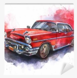Watercolor Hand Drawn Old Fashioned Red Car Wall Mural - Carro Dibujo Acuarela #647912