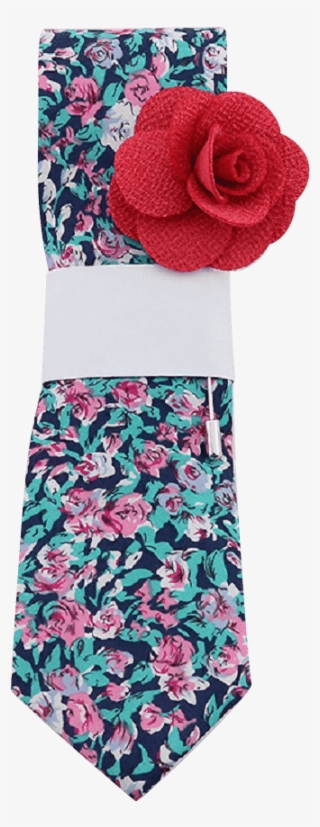Navy Tie With Bright Floral Print & Red Lapel Pin - Necktie #6433963