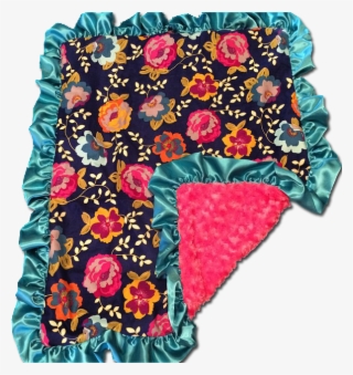 Pink & Floral Print Blanket With Blue Trim - Linens #6434921