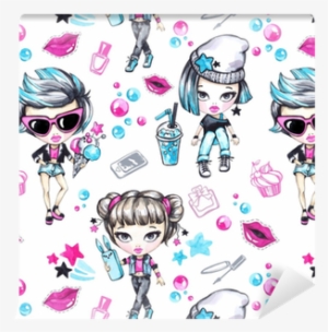 Watercolor Seamless Pattern With Fashion Teenagers - Watercolor Painting #652825