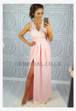 Pink Lace Prom Dress, V-neck Prom Dress, Sexy Side #6557728