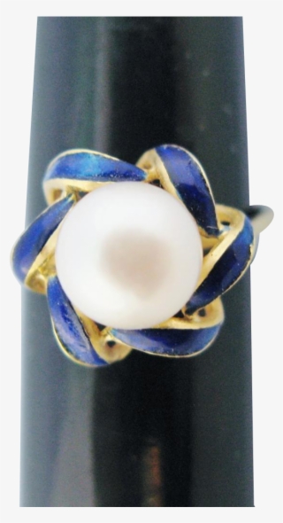 Vintage 18k Gold Ring Pearl Solitaire Cobalt Blue Enamel #6575477