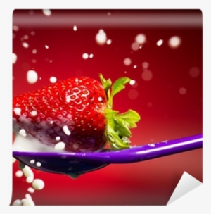 Strawberry On The Spoon And Milk Splash Wall Mural - Spoon #671974