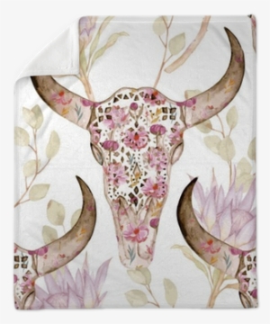 Watercolor Seamless Pattern With Skull In Flowers, - Watercolor Painting #677188