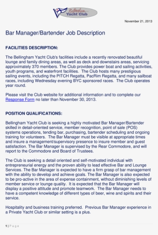 Bartender Manager Job Description #6791780