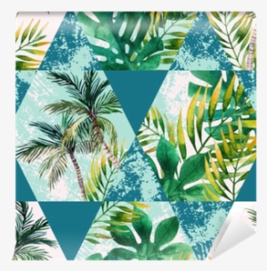 Watercolor Tropical Leaves And Palm Trees In Geometric - Watercolor Painting #70614