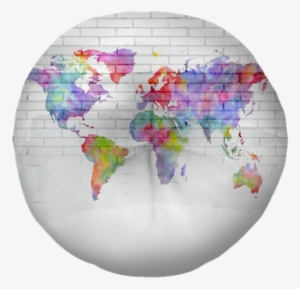Watercolor World Map On A Brick Wall Tufted Floor Pillow - World Map #76055