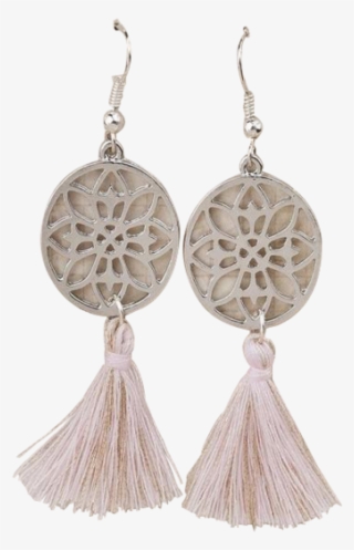 Mandala Silver Tone Light Pink Tassel Earrings #7053046