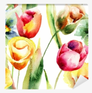 Watercolor Illustration Of Tulips Flowers Wall Mural - Atelie Valverdi Jogo De Quadros Tulipas - Branco #711505