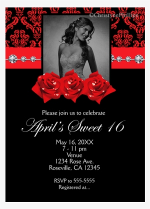 Red & Black Damask And Roses Bling Sweet 16 Birthday - Poster #713809