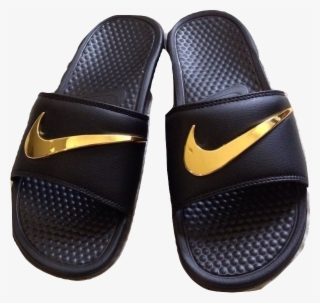Custom Black Nike Sandals With Gold Swoosh #7136430