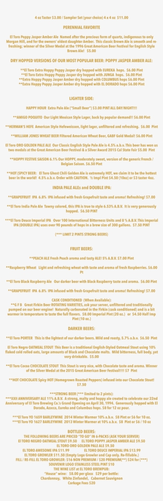 El Toro Brewpub Beer & Wine List #7199186