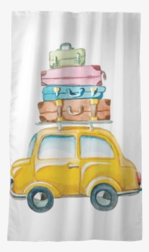 Hand Drawn Yellow Car With Suitcase On The Roof - Watercolor Suitcase Clipart #721581