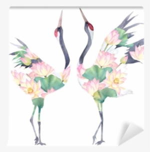 Watercolor Print With Crane Of Lotus Flowers - Japanese Flower By Season Watercolors #726170