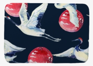 Watercolor Asian Crane Bird Seamless Pattern Bath Mat - Watercolor Painting #726304