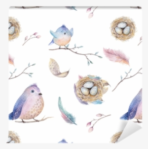 Watercolor Spring Rustic Pattern With Nest, Birds, - Clipart Watercolor Illustrations Spring #727604