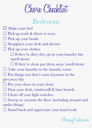 Mommy Kudos Chore Checklist- Tween Or Teen Bedroom #7288444