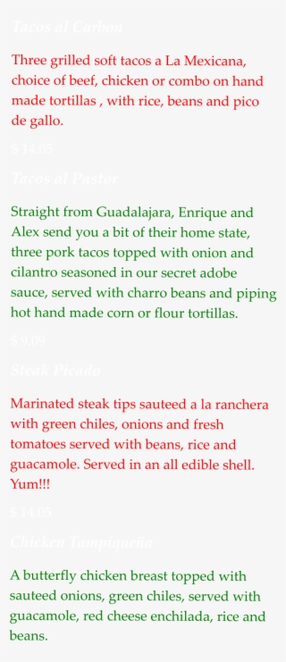 Tacos Al Carbon Three Grilled Soft Tacos A La Mexicana, - Document #7659351