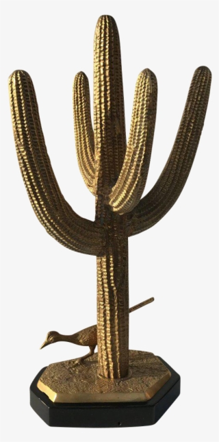 Brass Saguaro Cactus Sculpture With Roadrunner On Decaso - Hedgehog Cactus #7676939