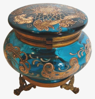 Bohemian Czech Blue Art Glass Box Metal Feet Hand Enameled - Coffee Table #7834570