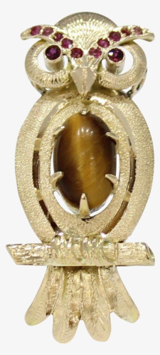 Vintage 14k Gold Owl Bird Brooch With Tiger Eye And - Screech Owl #7837394