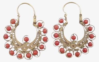 Victorian 21k Gold Red Coral Filigree Hoop Earrings - Earrings #7861594