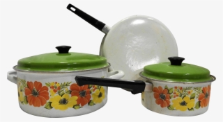Orange Yellow Flower Porcelain Enamel Cookware Set - 1970s Pots And Pans #7927070