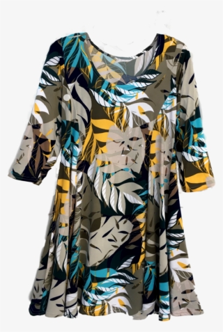 Fit And Flare Tunic Dress With Contemporary Leaf Design - Day Dress #7941763